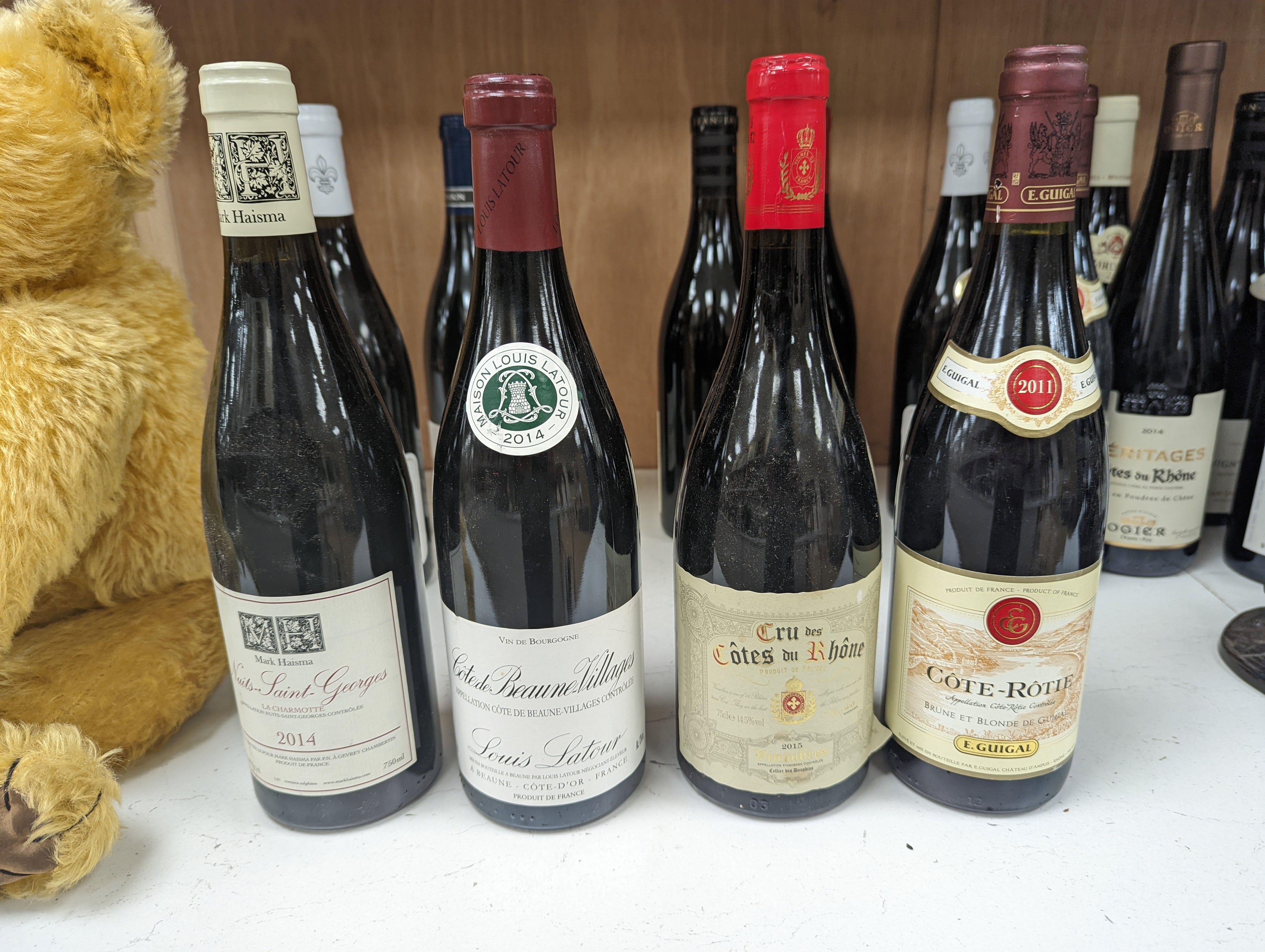 Sixteen assorted red burgundy wines etc. including Cote Rotie, 2011, Nuits St Georges, 2013, Gevrey Chambertin Laboure Roi, 2013, Savigny Les Beaune, 2013(2) and Chateauneuf Du Pape, 2010.